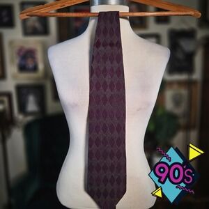 Structure Silk Tie Vintage 90s Mens Geometric Diamond Burgundy Purple USA Made